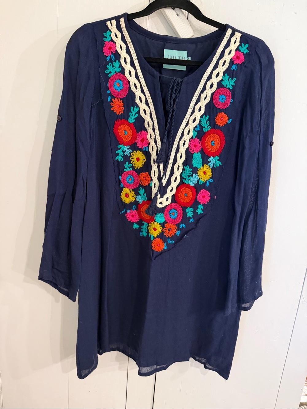 Navy Embroidered V-Neck Boho Tunic